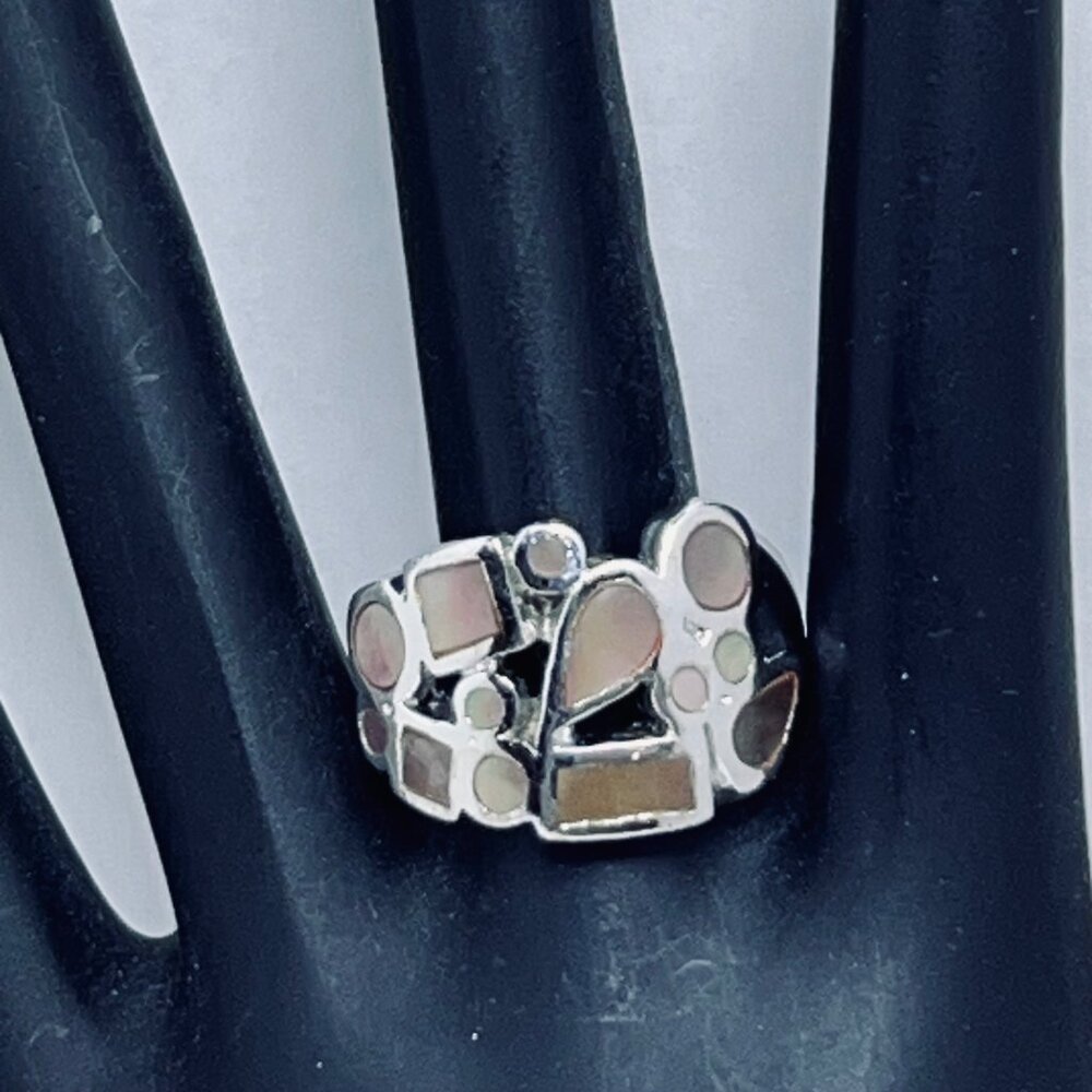Silver Tone With Inlaid Abalone Shell Statement Ring Signed Thailand (R370)